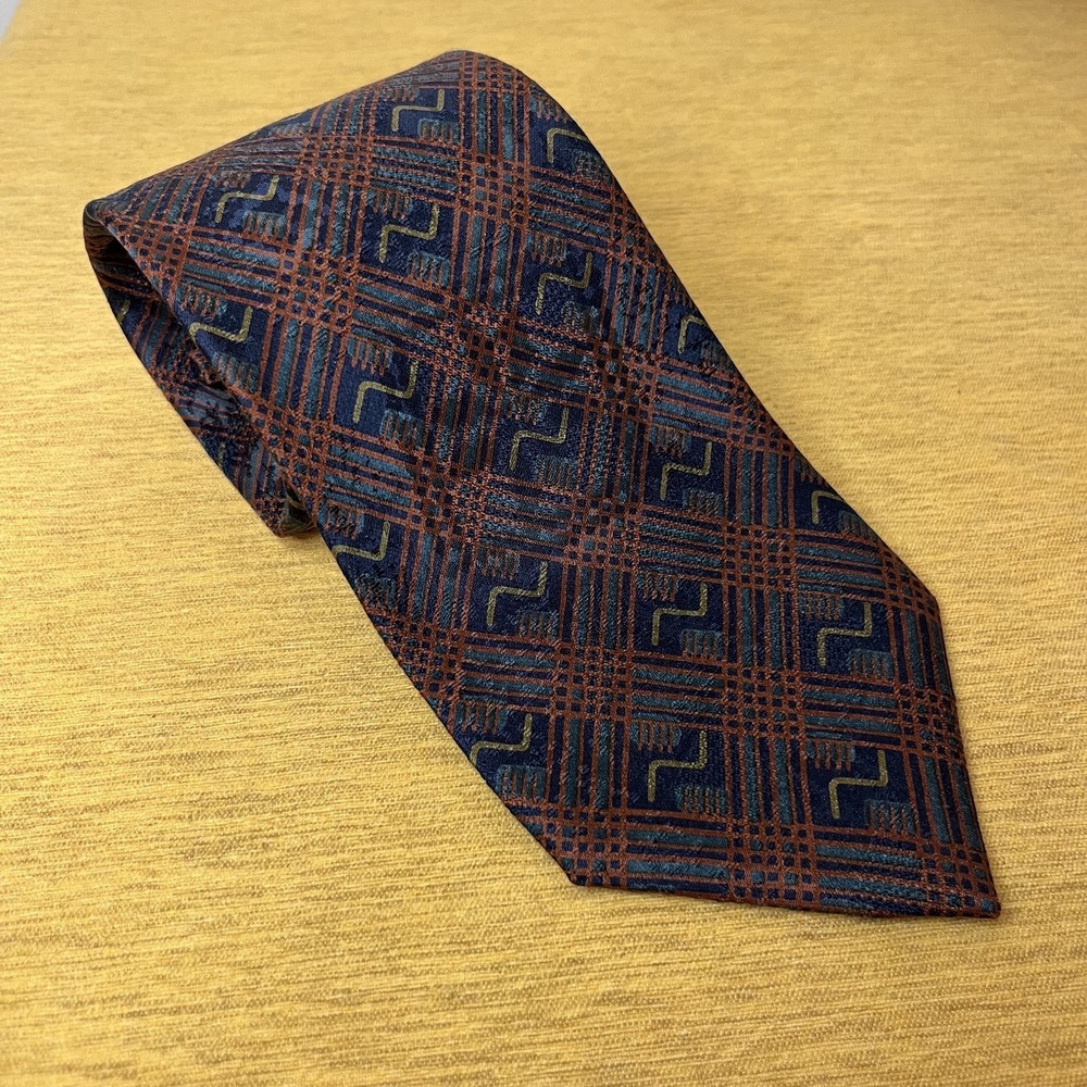Tiffany & Co Silk Tie Geometric Pattern Blue Orange Made‎ in Italy 3.5"